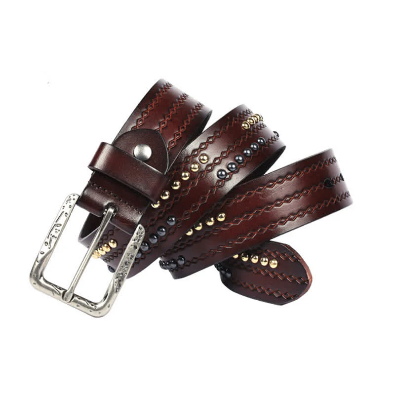 Round Rivet Fancy Stitch Embossed Pattern Leather Belt - Image 12