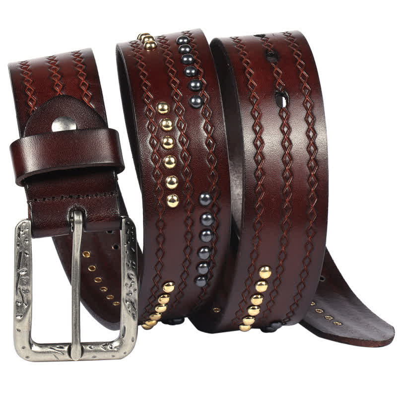 Round Rivet Fancy Stitch Embossed Pattern Leather Belt - Image 13