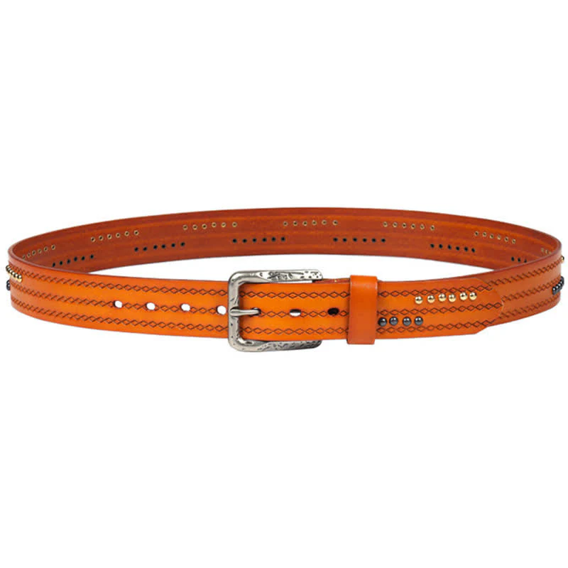 Round Rivet Fancy Stitch Embossed Pattern Leather Belt - Image 17