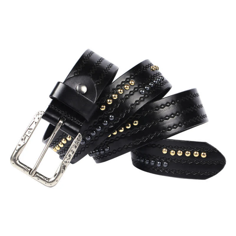 Round Rivet Fancy Stitch Embossed Pattern Leather Belt - Image 7