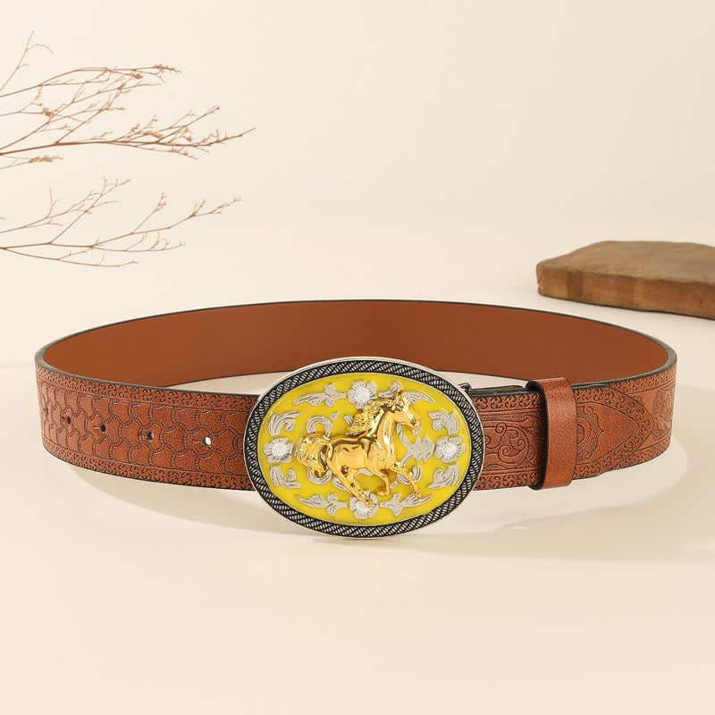 Running Horse Yellow Colored Buckle Embossed Leather Belt - Image 4