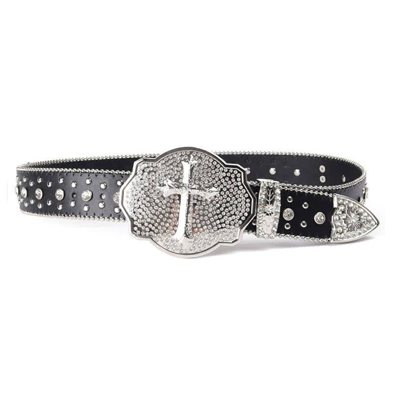Shinning Cross Buckle Rhinestone Studded Leather Belt - Image 4