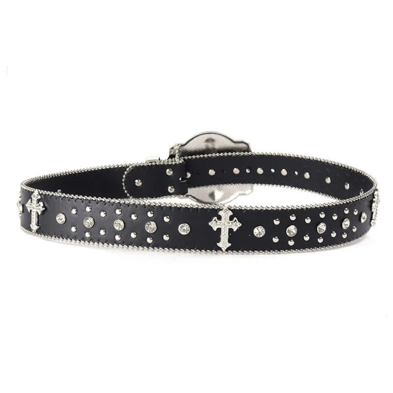 Shinning Cross Buckle Rhinestone Studded Leather Belt - Image 5