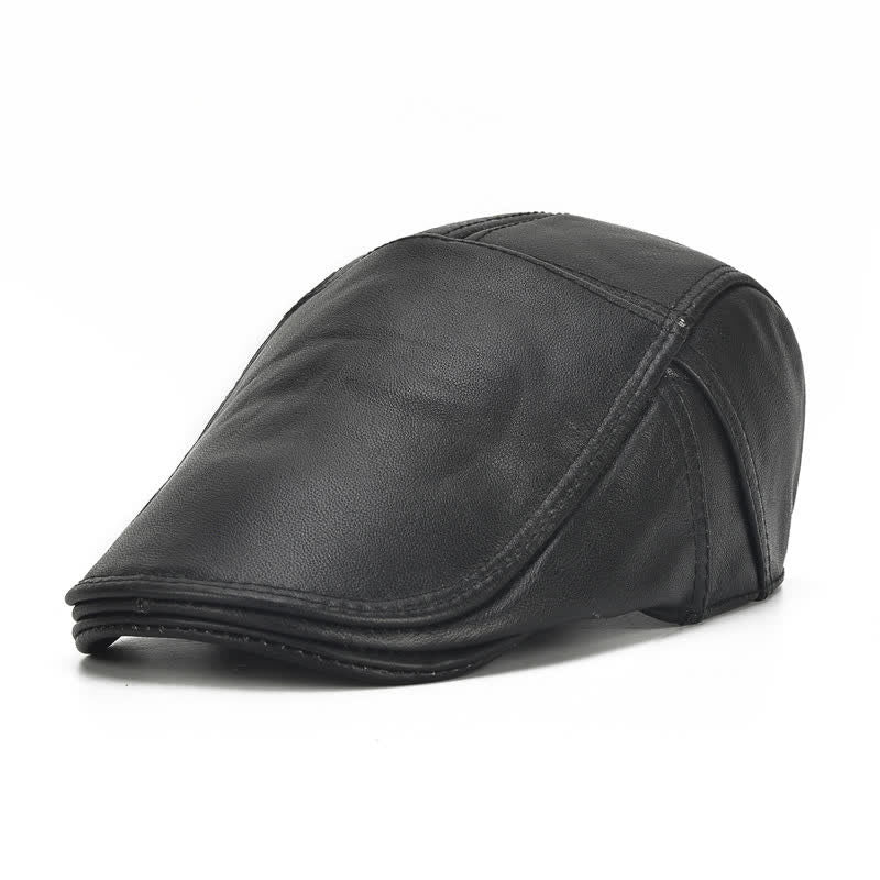 Side Lace-Up Cowhide Leather Beret Hat - Image 3
