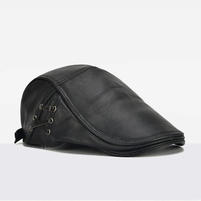 Side Lace-Up Cowhide Leather Beret Hat - Image 4
