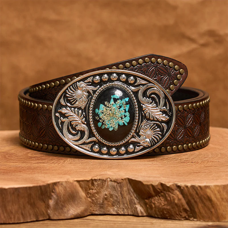 Silver Black Carved Turquoise & Flowers DIY Buckle Leather Belt - Image 6