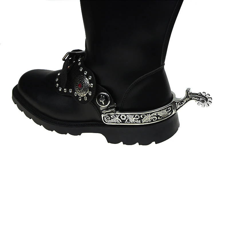 Silver Black Pattern Western Cowboy Spurs With Gear - Image 3