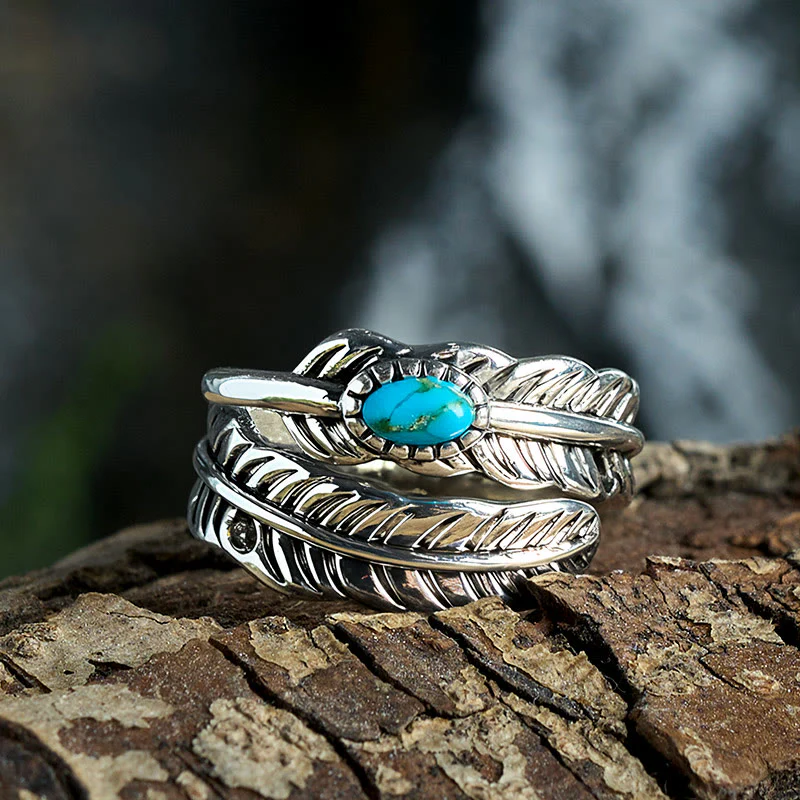 Silver Bohemian Style Inlaid Turquoise Feather Ring - Image 5