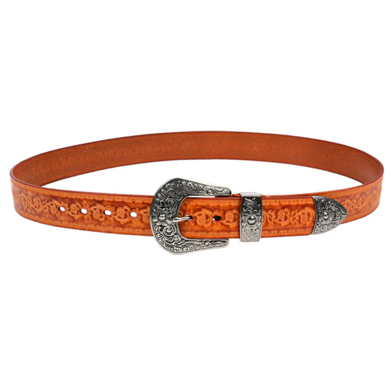 Silver Buckle Buckle Western Embossed Leather Belt - Image 5
