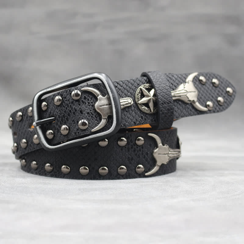 Silver Bull Head Rivet Black Snakeskin Print Leather Belt - Image 4