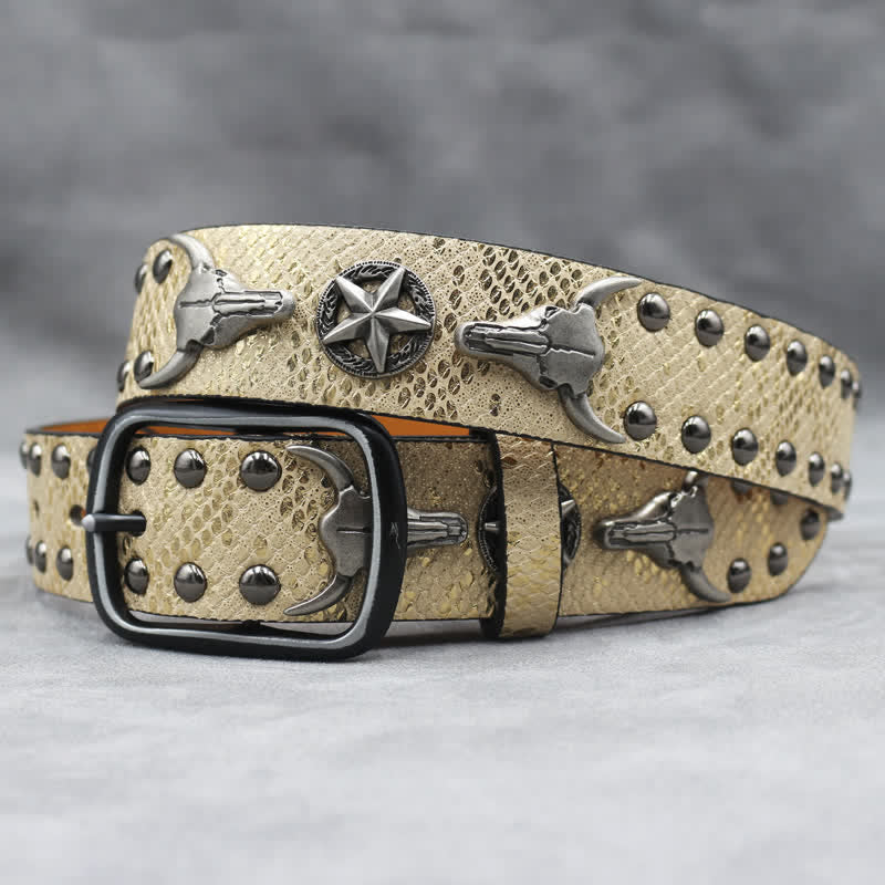 Silver Bull Head Rivet Black Snakeskin Print Leather Belt - Image 9