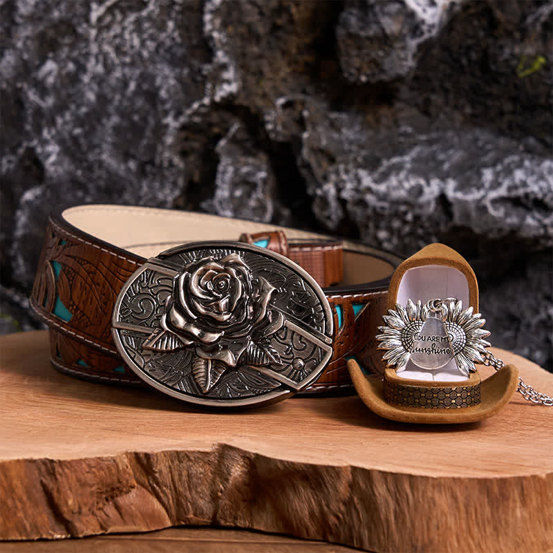 Silver DIY Rose Hidden Knife Belt Buckle Sunflower Necklace Bundle Set - Image 9