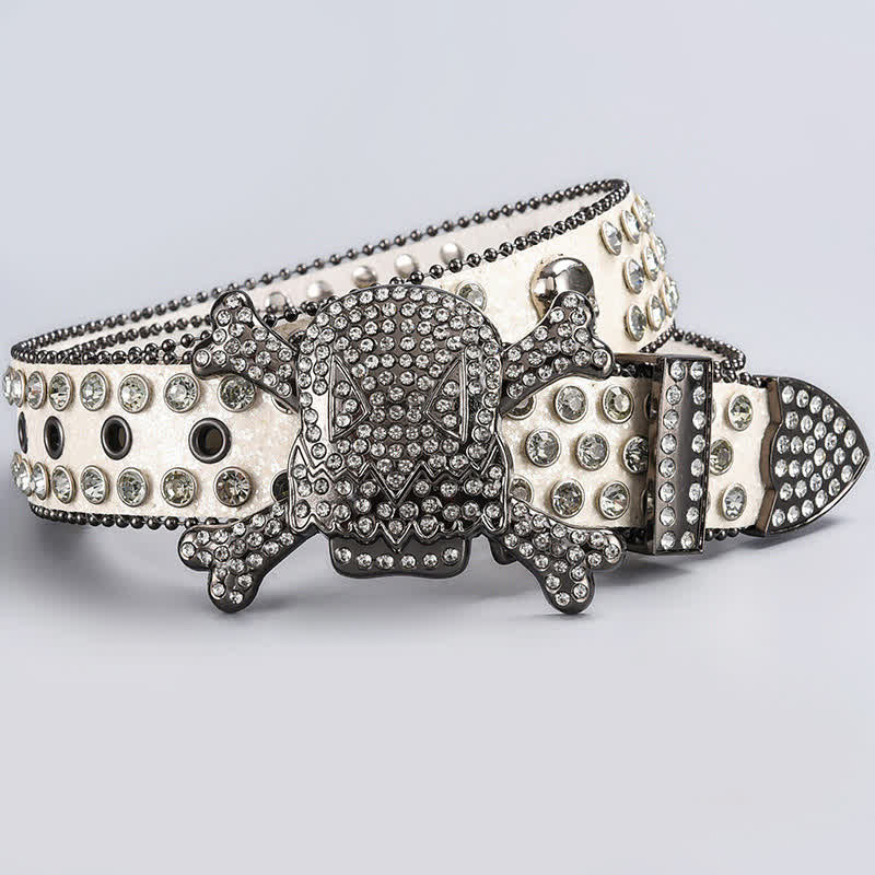 Skull Head Crystal Rhinestone Studded Leather Belt - Image 6