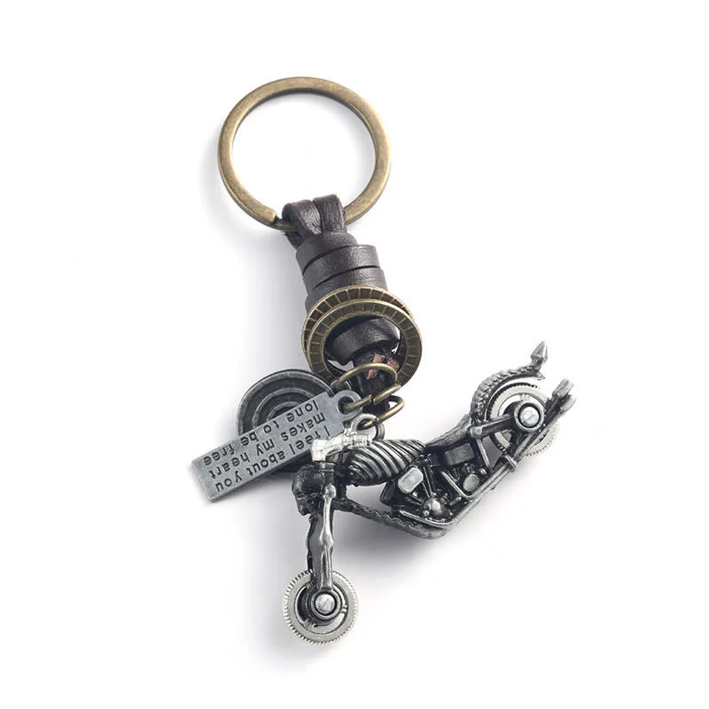 Skull Motorcycle Skeleton Pendant Leather Keychain - Image 5