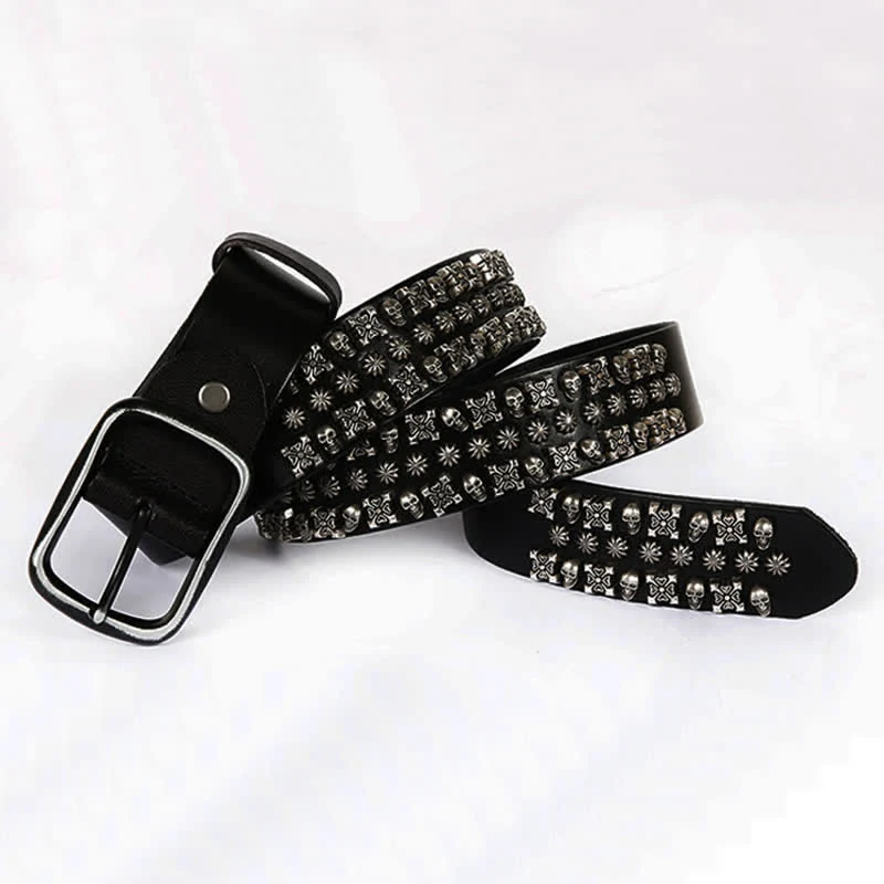 Skulls & Crossbones Three Row Stud Leather Belt - Image 2