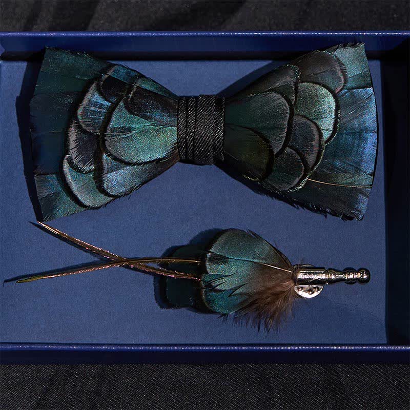 Slate Blue Feather Bow Tie with Lapel Pin - Image 3