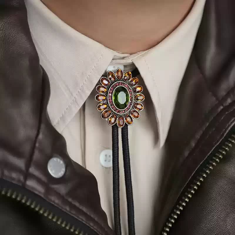 Solar Orange Green Crystal Flower Bolo Tie - Image 4