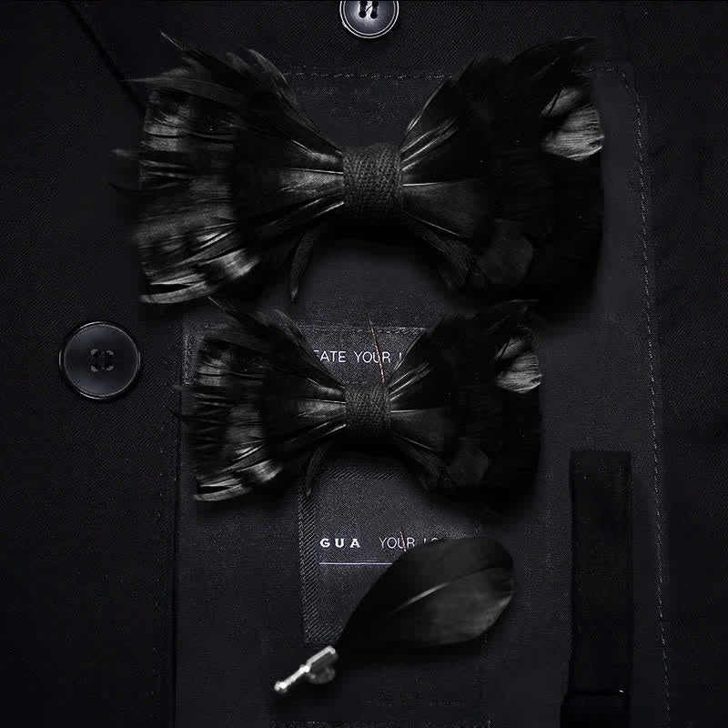 Solid Black Feather Bow Tie with Lapel Pin - Image 5