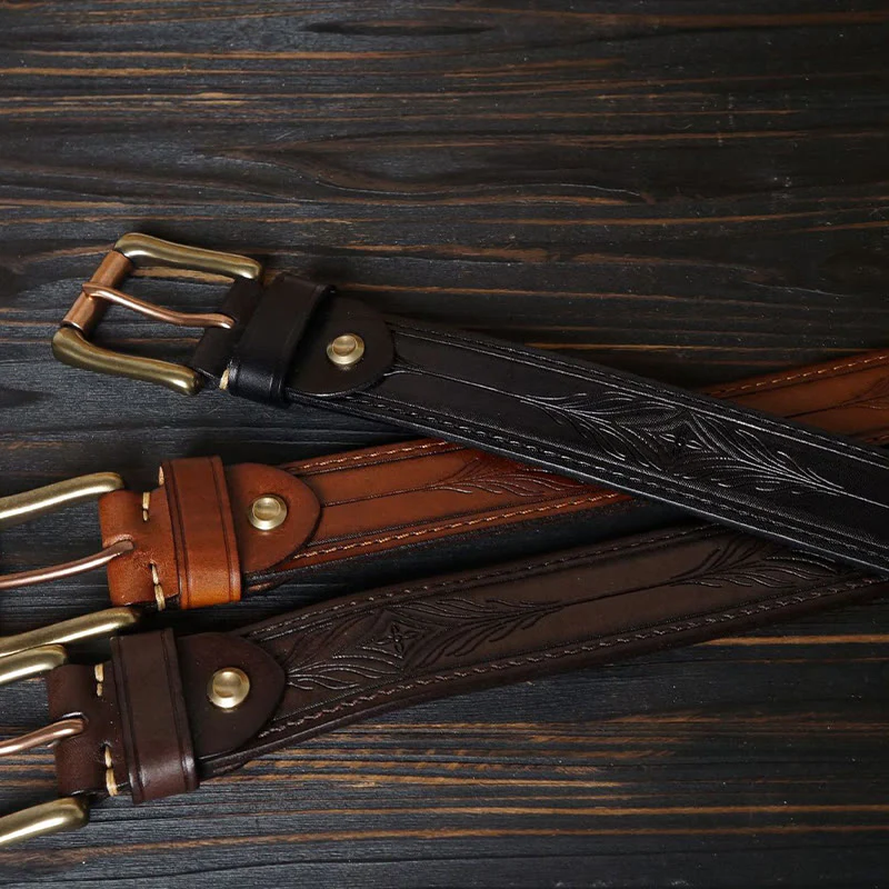 Solid Brass Buckle Western Embossed Flower Leather Belt - Image 4