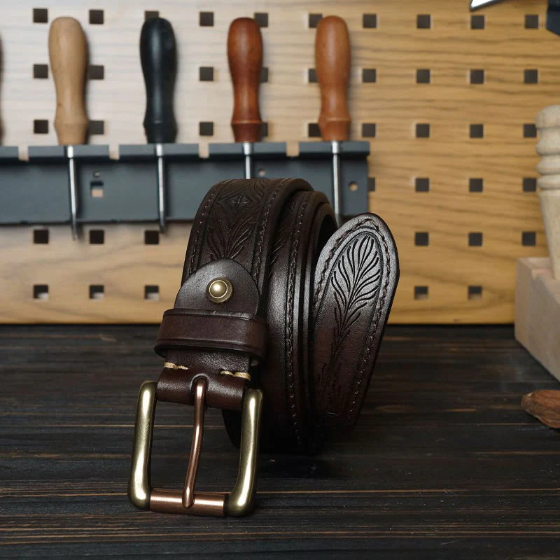 Solid Brass Buckle Western Embossed Flower Leather Belt - Image 8