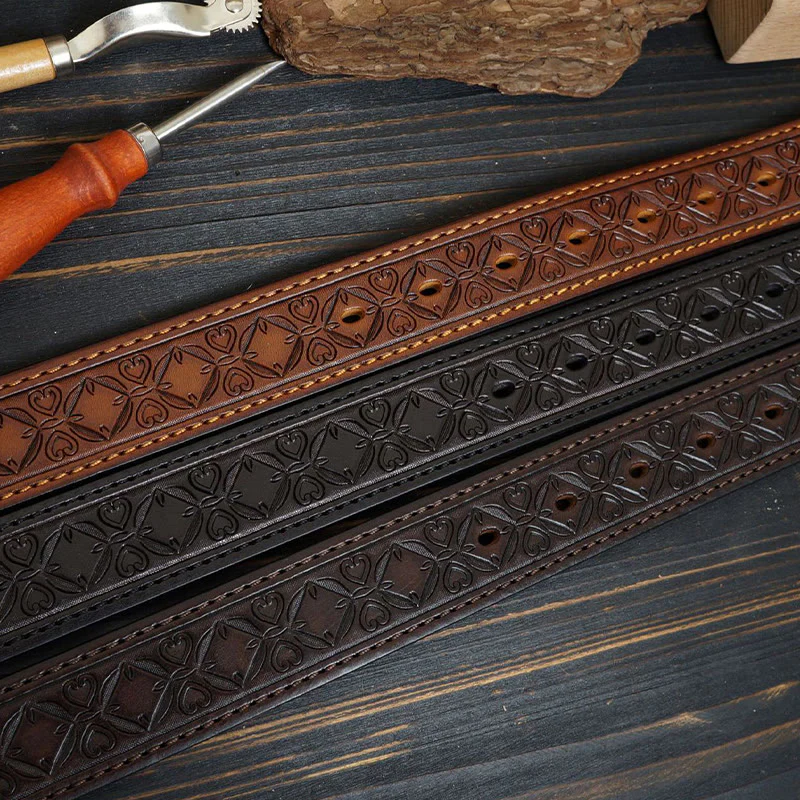 Solid Brass Buckle Western Stitched Leather Belt - Image 4