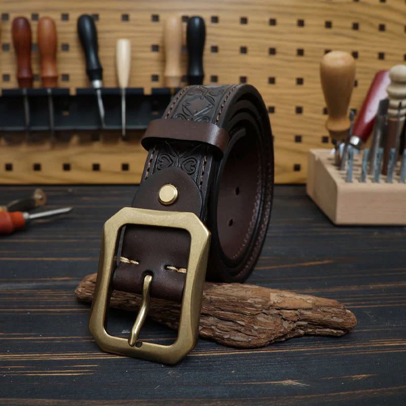 Solid Brass Buckle Western Stitched Leather Belt - Image 9
