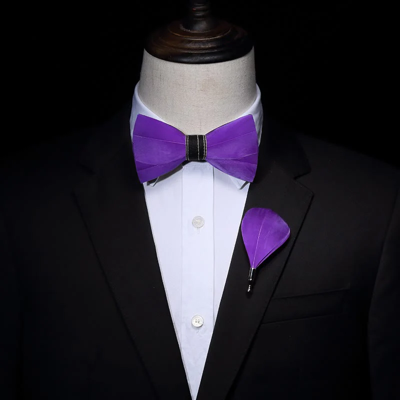 Solid Purple Noble Feather Bow Tie with Lapel Pin - Image 2