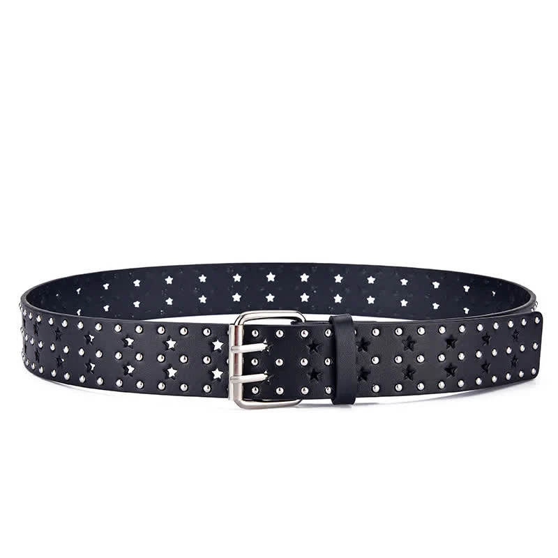 Star Double Prong Hollow Out Rivets Leather Belt - Image 4
