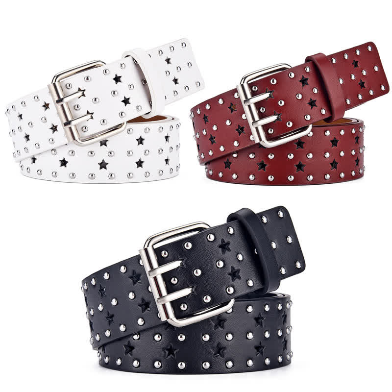 Star Double Prong Hollow Out Rivets Leather Belt - Image 5
