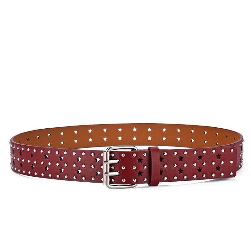 Star Double Prong Hollow Out Rivets Leather Belt - Image 9