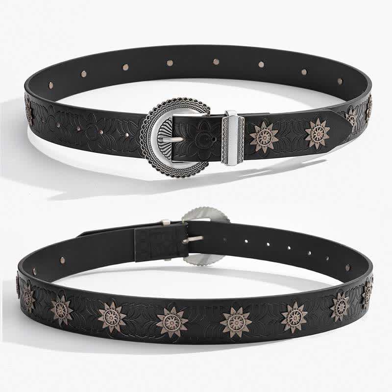 Star Rivet Inlaid Retro Floral Pattern Leather Belt - Image 5