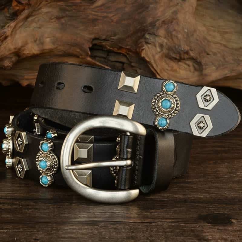 Stylish Turquoise Studded Geometric Rivets Leather Belt - Image 5