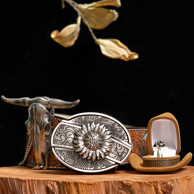 Sunflower DIY Hidden Knife Belt Buckle Bull Pendant Rose Ring Bundle Set - Image 7