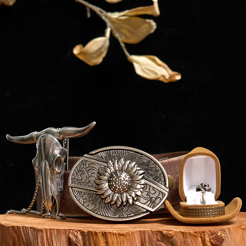 Sunflower DIY Hidden Knife Belt Buckle Bull Pendant Rose Ring Bundle Set - Image 9