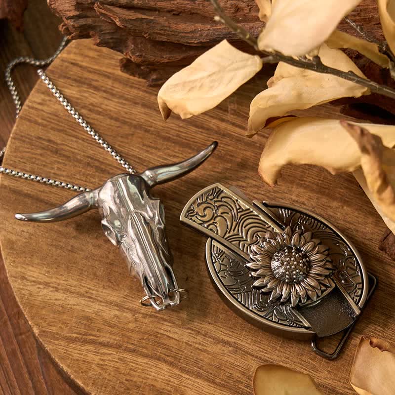 Sunflower Theme DIY Hidden Knife Belt Buckle Longhorn Bull Pendant Bundle Set - Image 2
