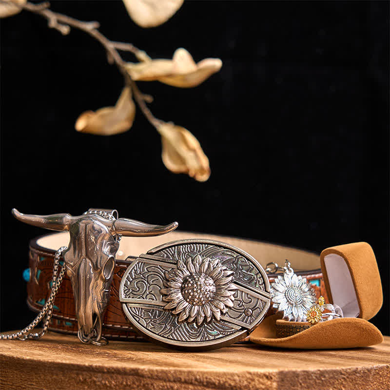 Sunflower Theme DIY Hidden Knife Belt Buckle Longhorn Bull Pendant Bundle Set - Image 7