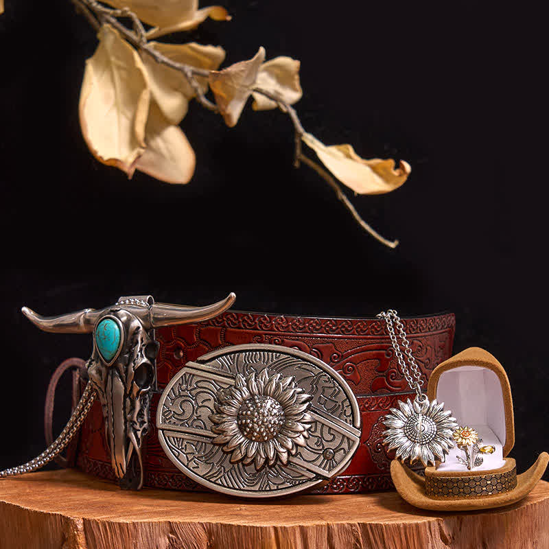 Sunflower Theme DIY Hidden Knife Belt Buckle Turquoise Bull Pendant Bundle Set - Image 10
