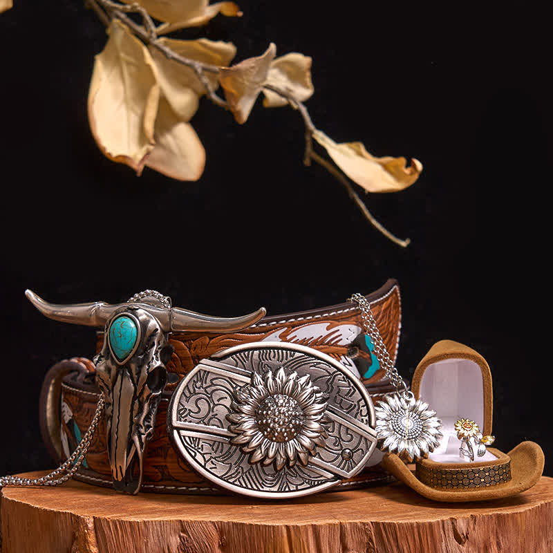 Sunflower Theme DIY Hidden Knife Belt Buckle Turquoise Bull Pendant Bundle Set - Image 11