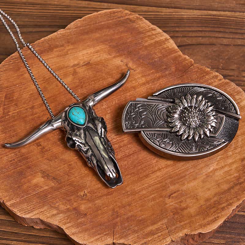 Sunflower Theme DIY Hidden Knife Belt Buckle Turquoise Bull Pendant Bundle Set - Image 2