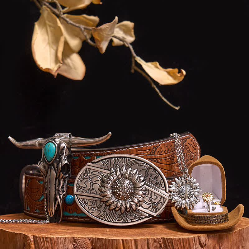 Sunflower Theme DIY Hidden Knife Belt Buckle Turquoise Bull Pendant Bundle Set - Image 7