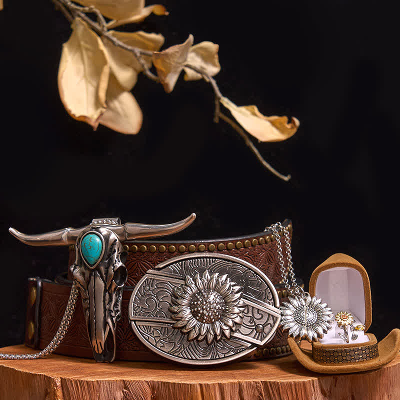 Sunflower Theme DIY Hidden Knife Belt Buckle Turquoise Bull Pendant Bundle Set - Image 8