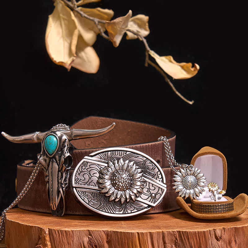 Sunflower Theme DIY Hidden Knife Belt Buckle Turquoise Bull Pendant Bundle Set - Image 9