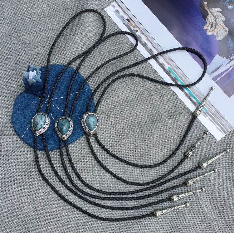 Teardrop Turquoise Vintage Carved Metal Bolo Ties - Image 5