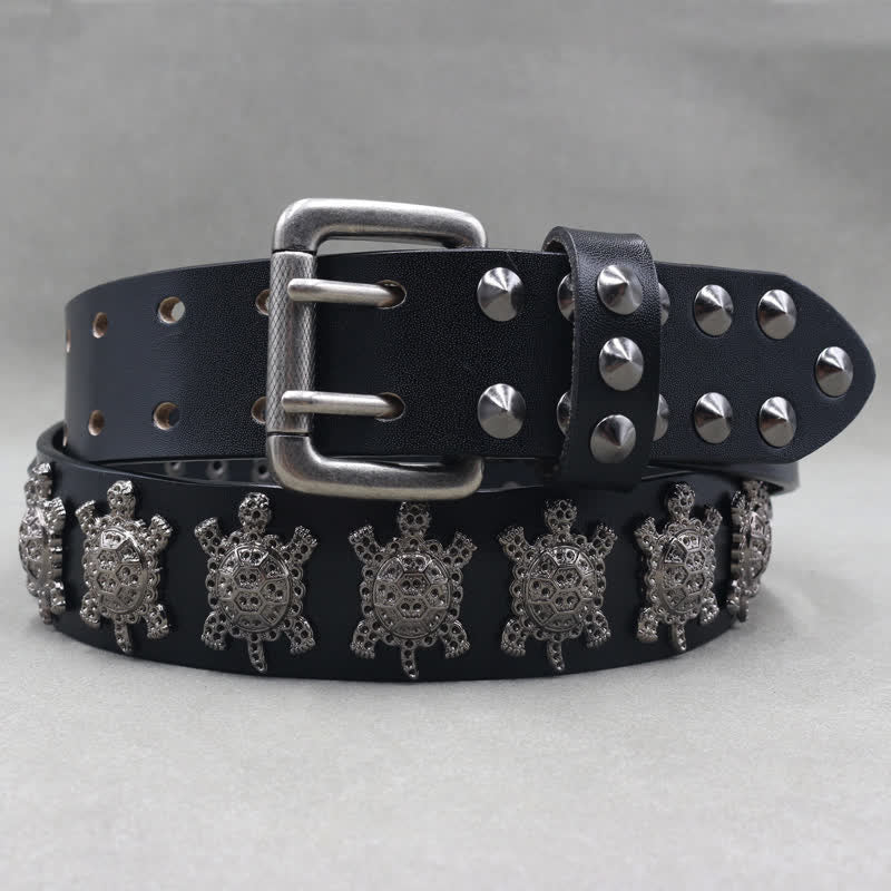 Three-Dimensional Metal Turtle Rivets Double Pin Leather Belt - Image 2