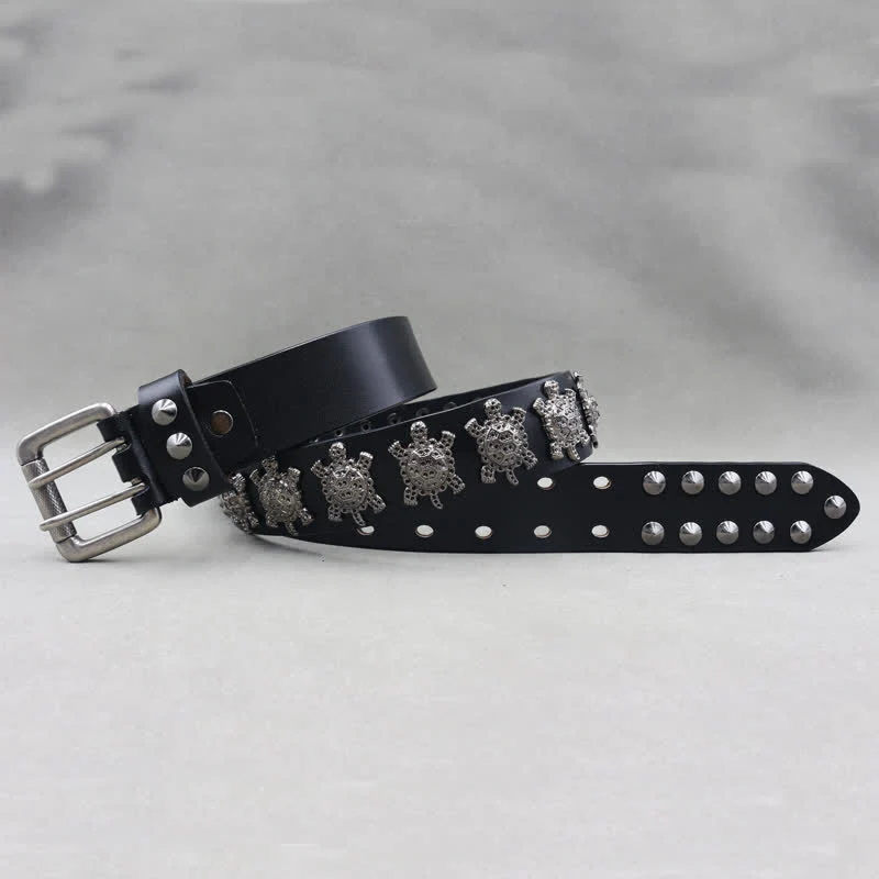Three-Dimensional Metal Turtle Rivets Double Pin Leather Belt - Image 4