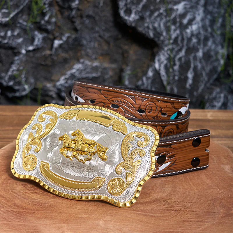 Three Galloping Horses DIY Cowboy Buckle Leather Belt - Image 9