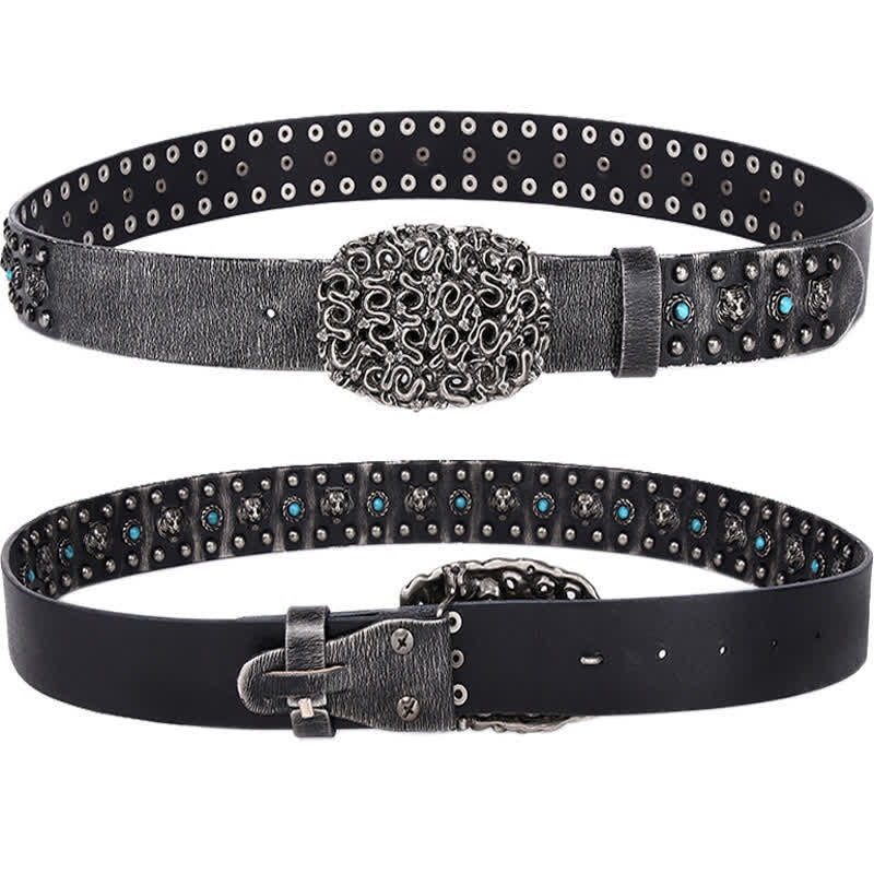Tiger Head Faux Turquoise Gem Rivet Leather Belt - Image 2