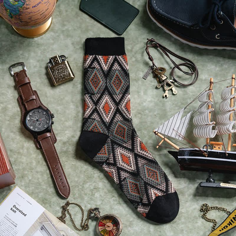 Trendy Funny Mosaic Diamond Cotton Socks - Image 4