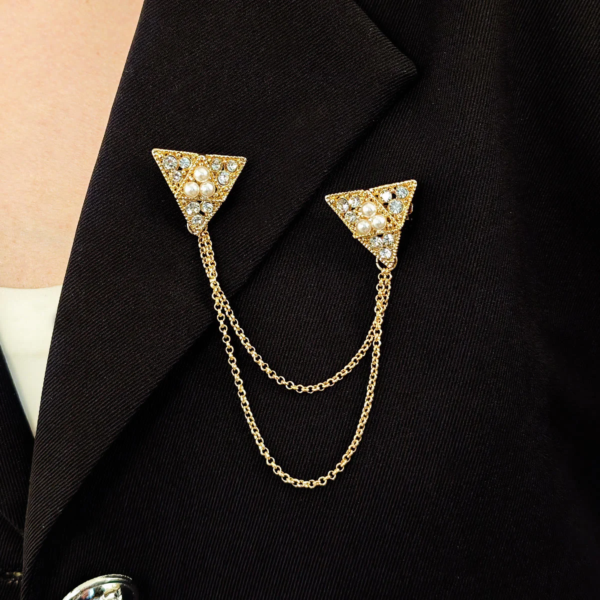 Triangle Pearl and Crystal Chain Brooch - Image 2