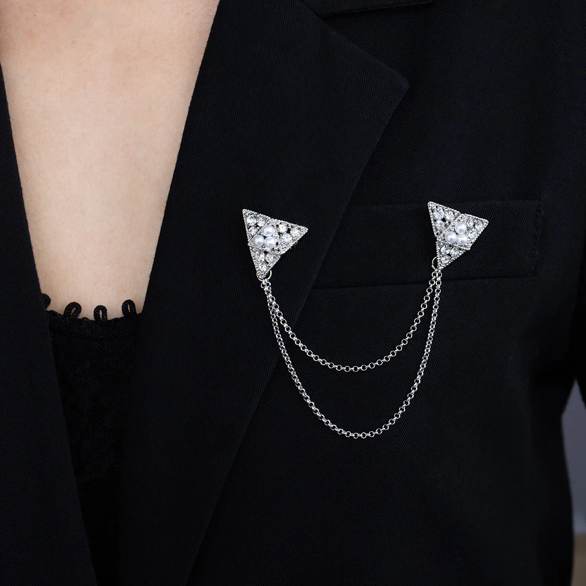 Triangle Pearl and Crystal Chain Brooch - Image 5